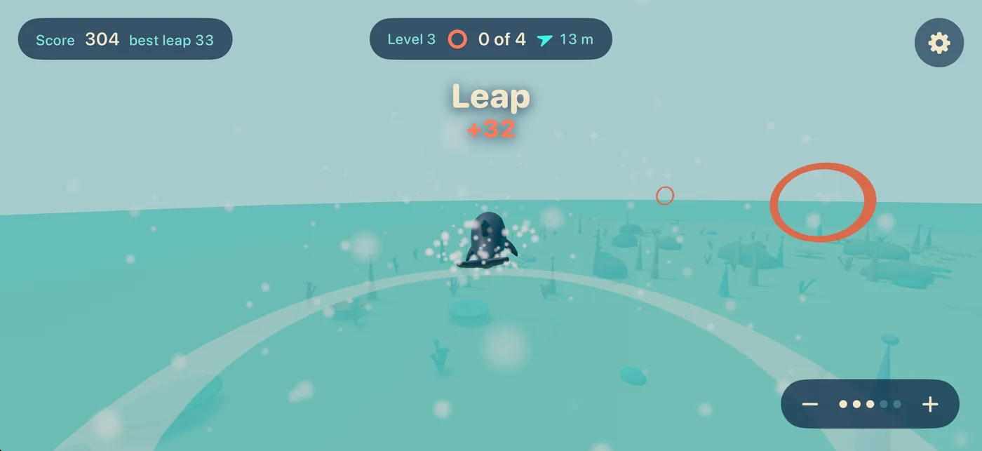 Mid-game on a hoop level: a Leap scores 32 points as the dolphin lands near a coral hoop